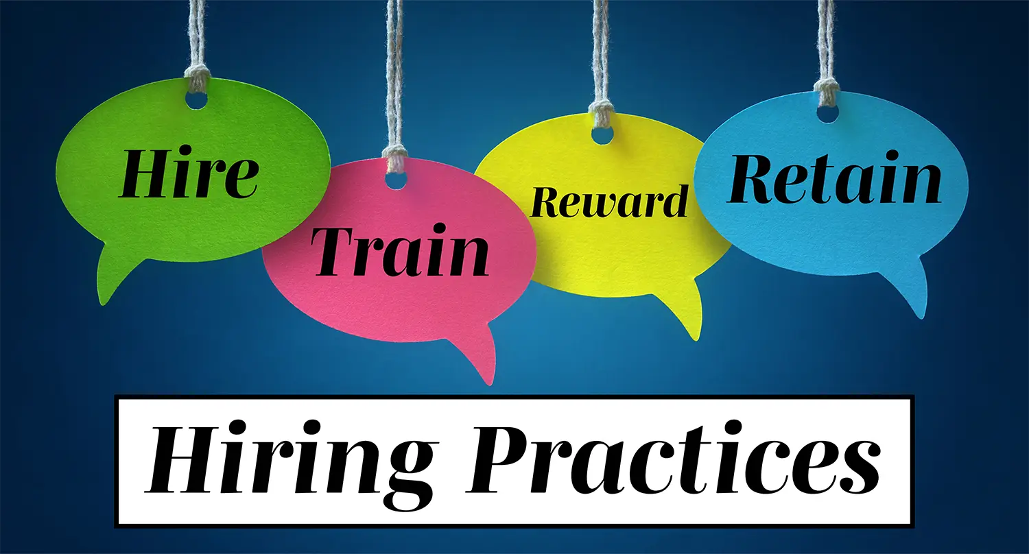 Image with the words hire, train, reward and retain representing best hiring practices.