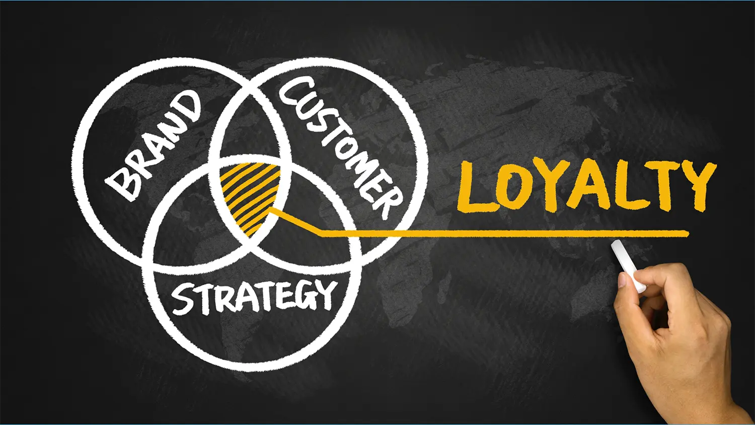 Image of a hand writing and connecting the words brand, customer, strategy and loyalty on a chalkboard.