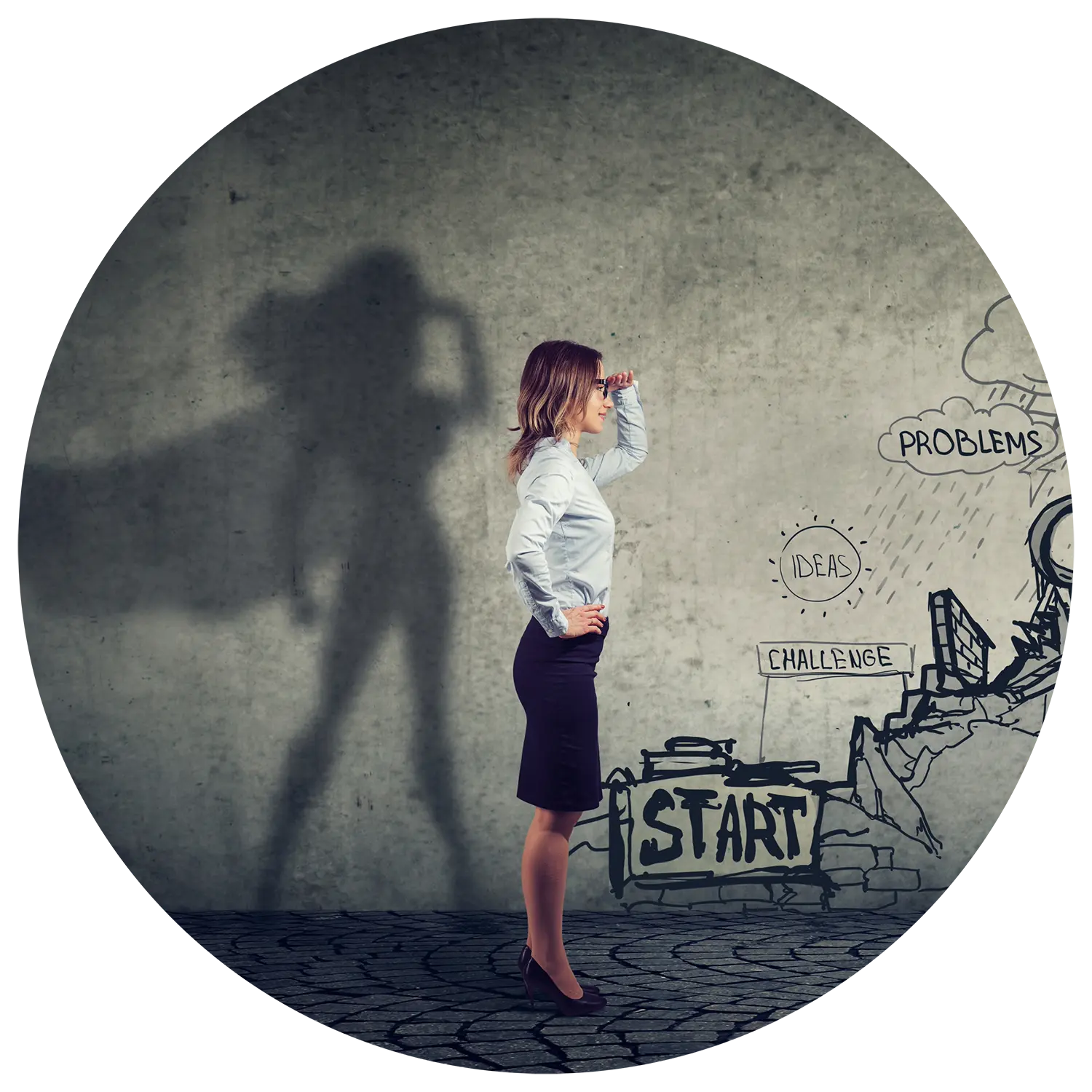 Image of a business woman looking at a sketch drawing of challenges with her shadow represented as a superhero.