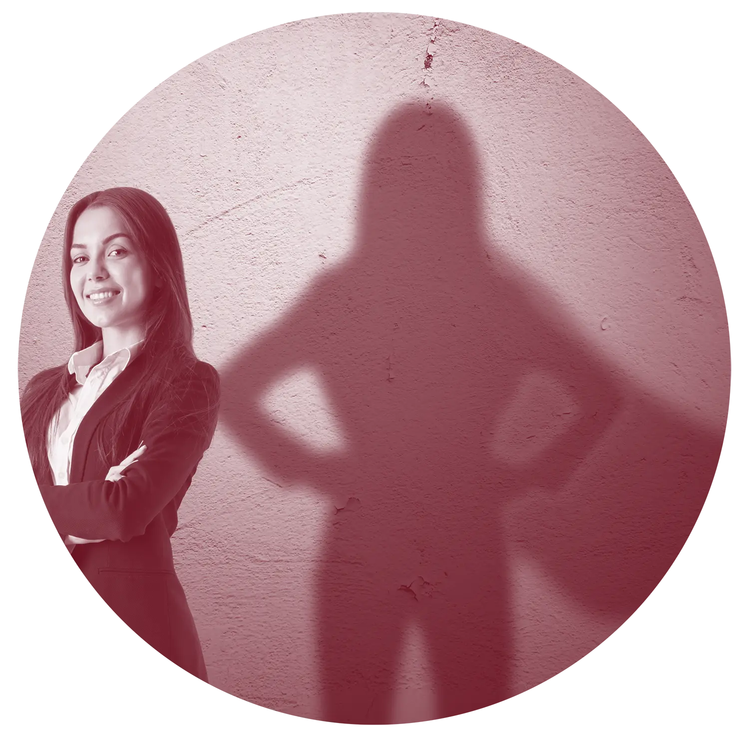 Image of a smiling business woman standing with her arms crossed with her shadow standing with her hands on her hips with a cape blowing representing a consultant's expertise.