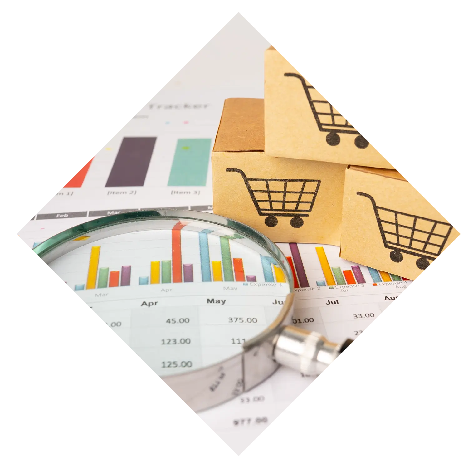 Image of data analytics under a magnifying glass and three blocks with shopping carts on them.