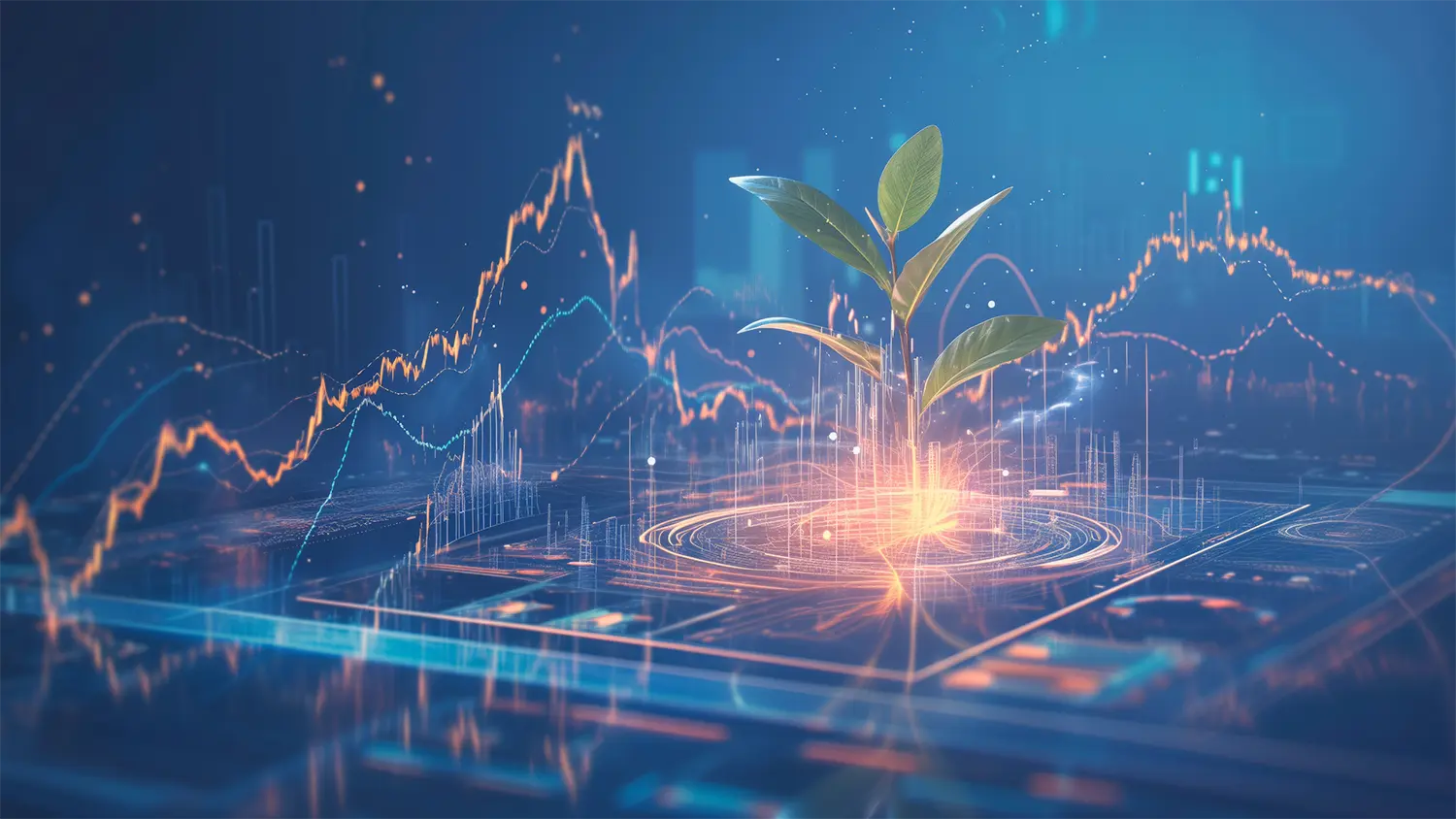 Computer generated image of a sprout growing among data line graphs.