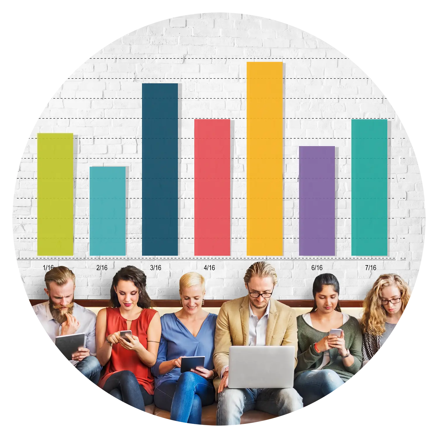 Image of a variety of people on different devices with a bar graph above them measuring demographics.