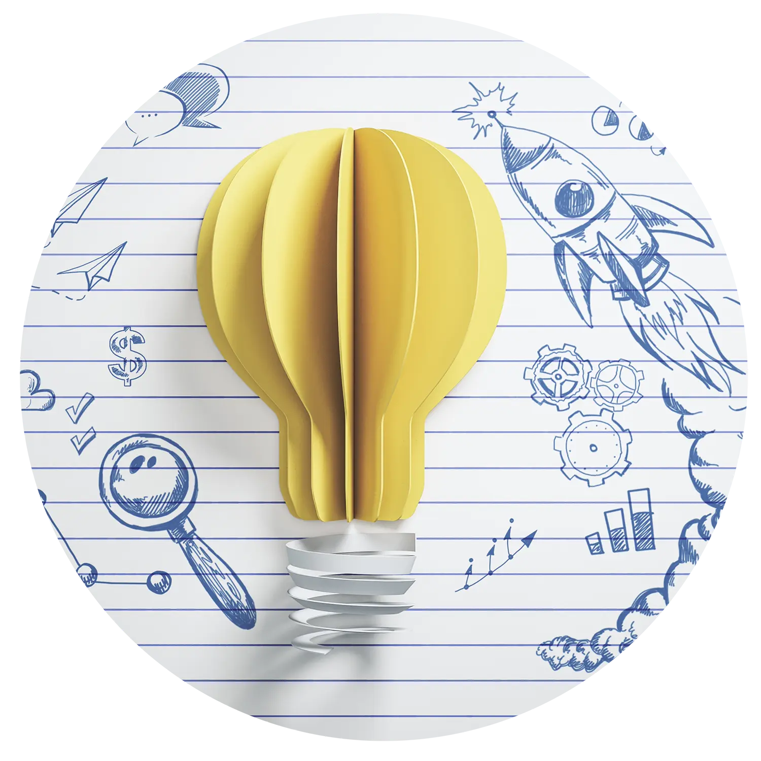 Image of a piece of lined paper with business related icon sketches and a folded piece of paper in the shape of a lightbulb in the center representing the  challenges and opportunities of small business ownership.