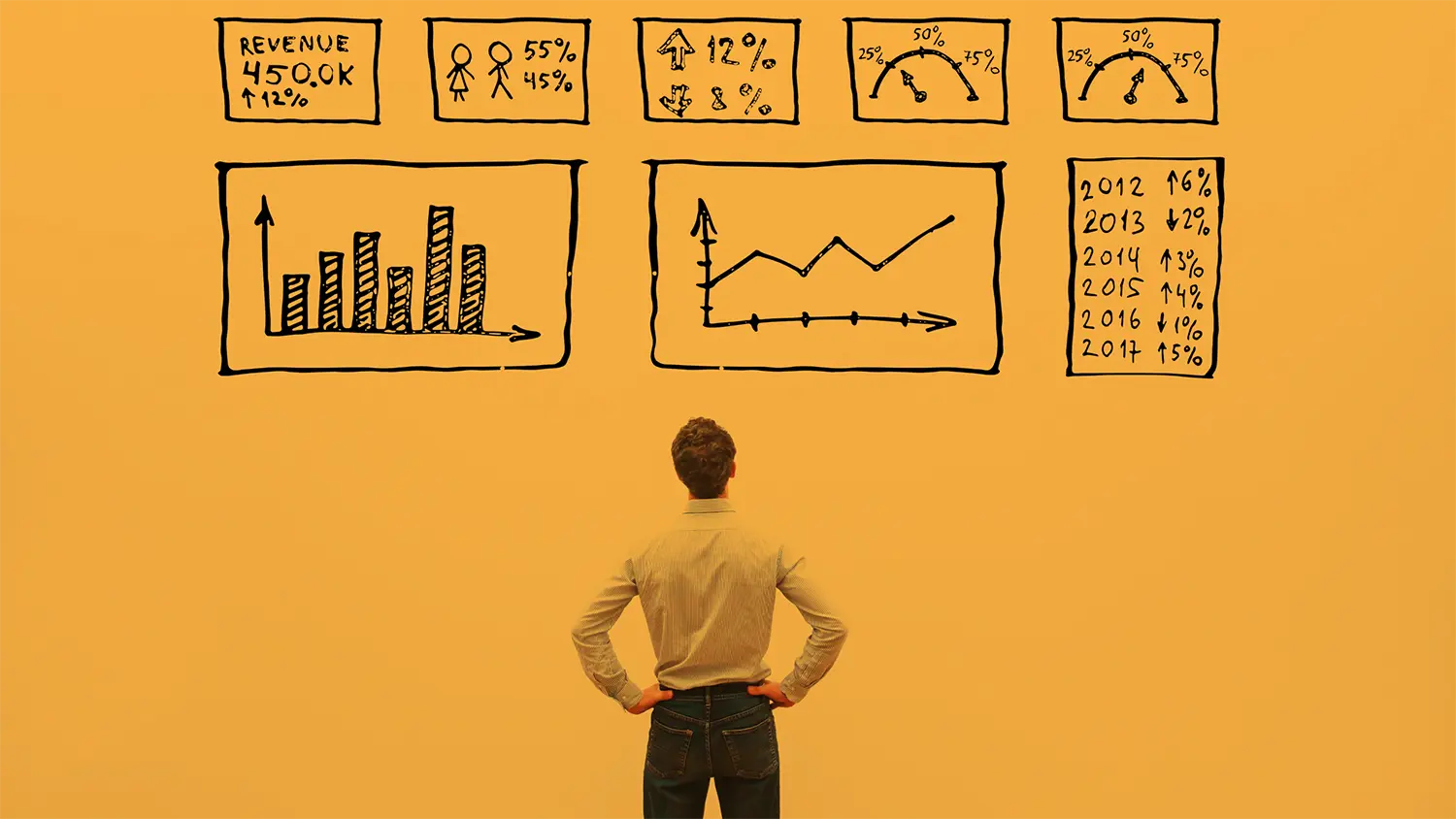 Image of a man analyzing data sketches representing how to calculate key metrics.