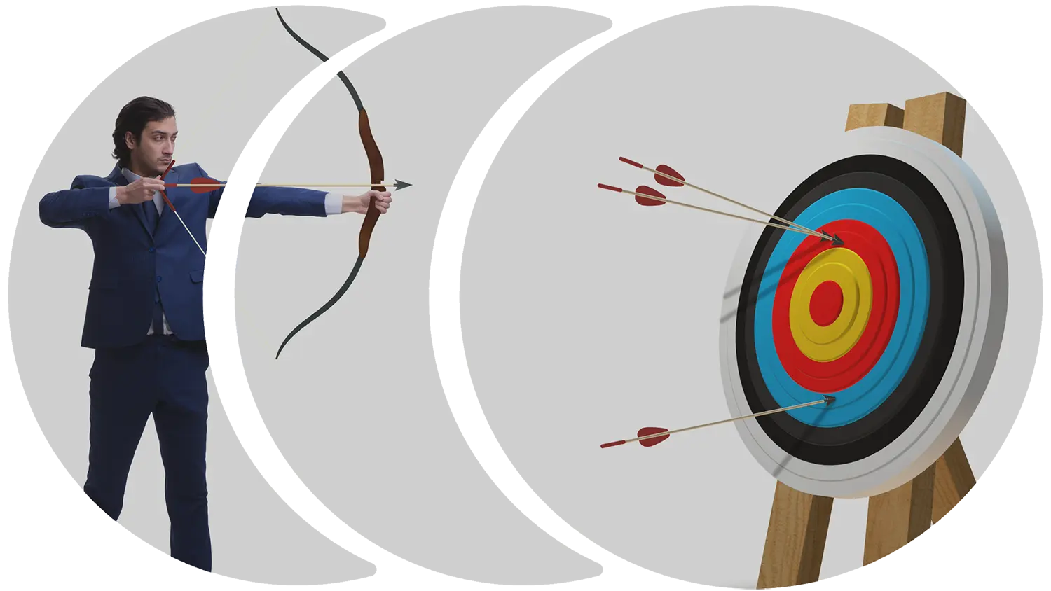 Image of a businessman shooting arrows but missing the target representing inadequate marketing.