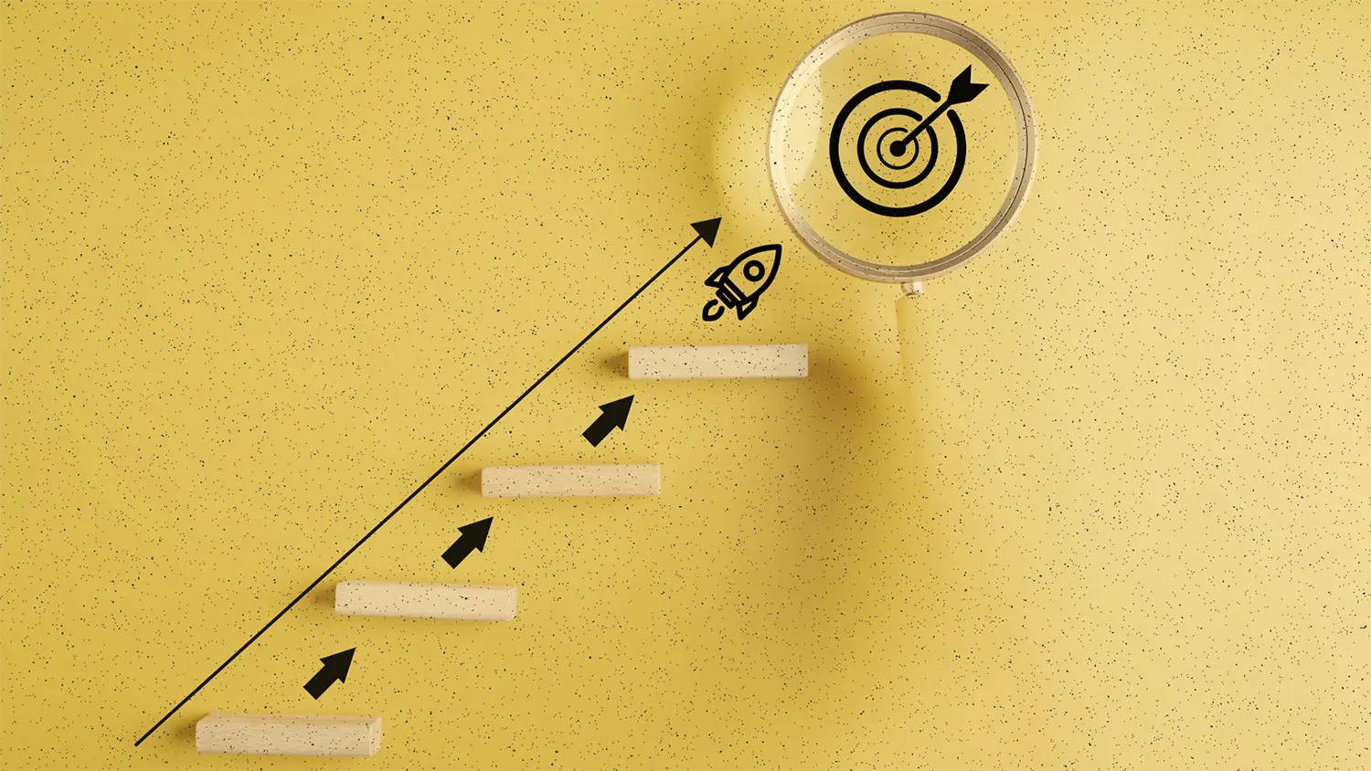 Image of arrows pointing up steps to a rocket below a magnifying glass with an arrow in the center of a target signifying profit in business though optimization.