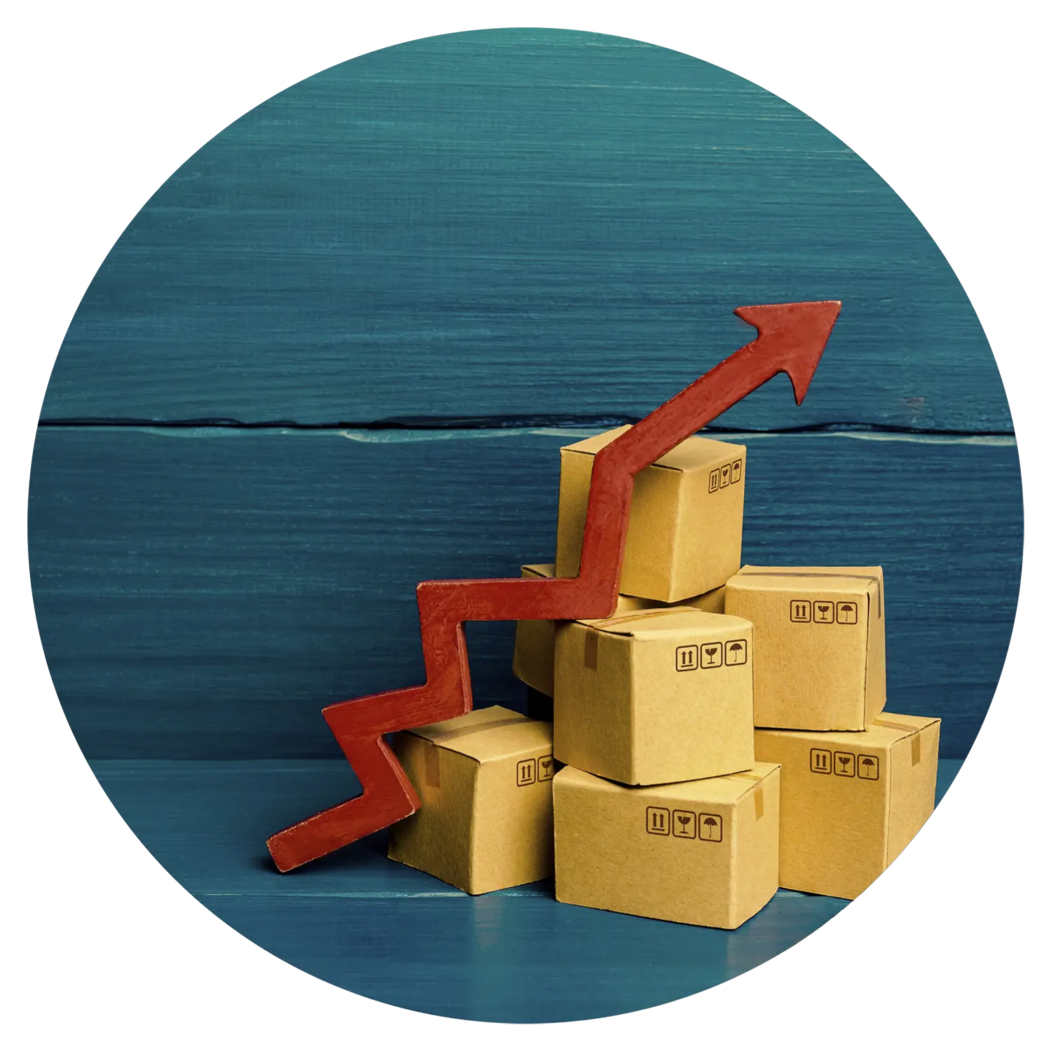 Image of an arrow pointing up over a stack of boxes representing the increase of average order value.