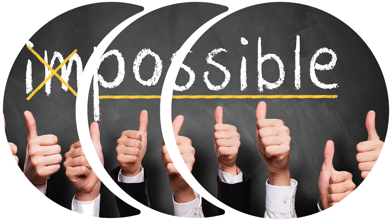 Image of the word "impossible" written on a chalkboard with the "i" and "m" crossed out with various thumbs up representing the benefits of small business coaches.