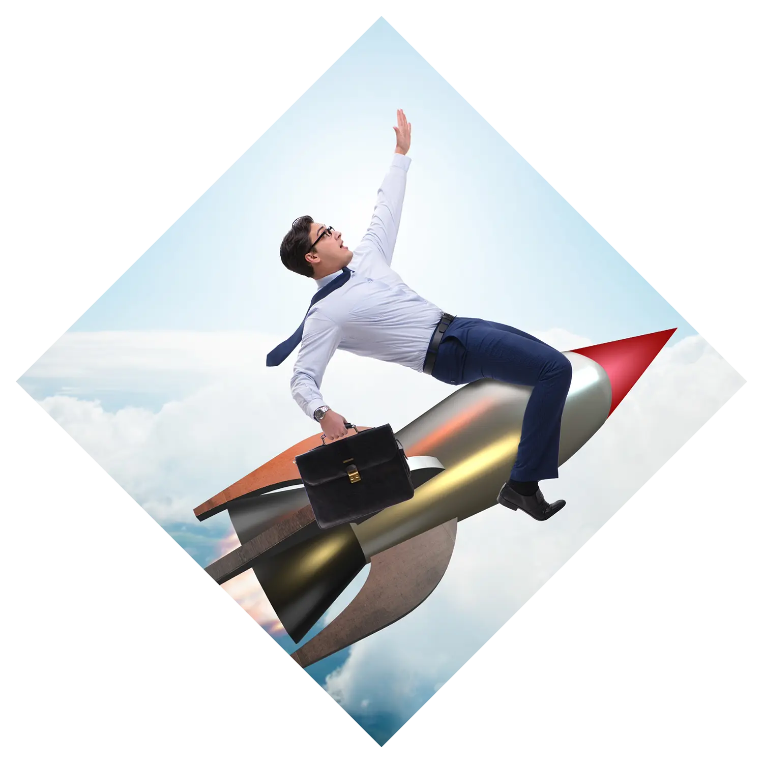 Image of a businessman on a rocket looking shocked as he shoots up into the sky representing small businesses expanding too quickly.