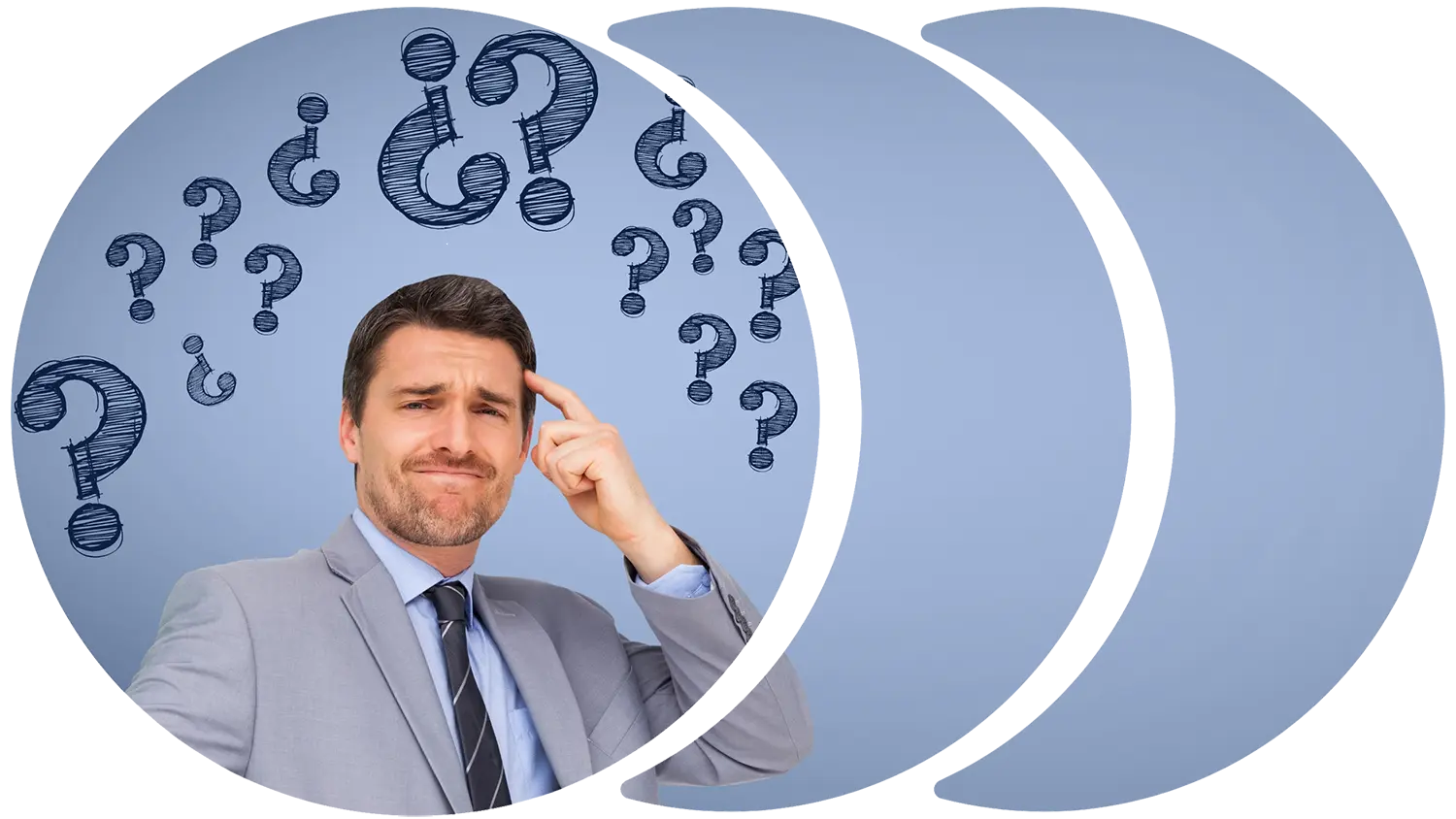 Image of a businessman considering hiring a consultant with sketched question marks above his head.