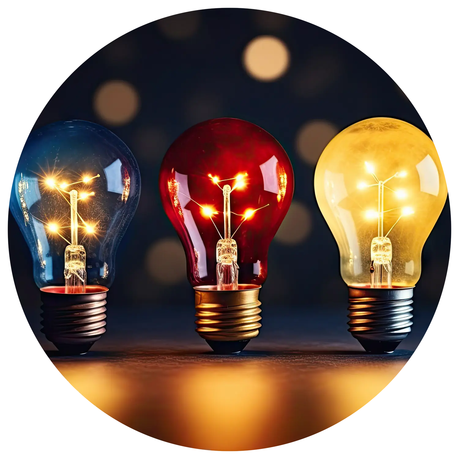 Image of three different lightbulbs in three different colors representing mentors, coaches and consultants and how they can each excel.